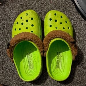 CROCS Neon Green Slippers with Brown Trim